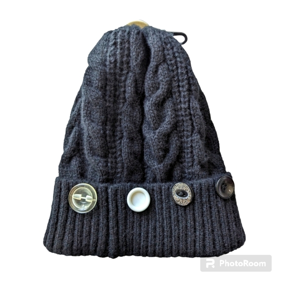 Women's Knitted Tuque/Hat with cuffed buttons. Black. NWT. - Picture 1 of 8